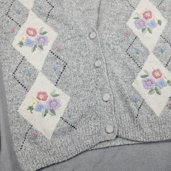 Vtg Private Party Angora Cardigan Womens M Argyle Floral Grey Granny Retro 90s - Picture 3 of 16